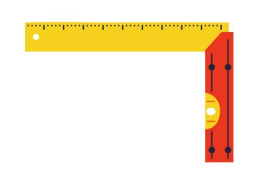 Cetvel açısı oluşturma araçları vektör illüstrasyonu. Uzunluk ölçüm aracı. Bina köşesi açısı, hassas santimetre enstrüman, metrik ekipman. Profesyonel onarım çalışması
