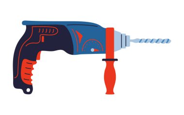 Yapım elektrikli matkap karikatür vektör çizimi. Tamirci, tesisatçı ve marangozluk hizmetleri için modern tamir aleti. Basit bir elektrikli matkap ustası.