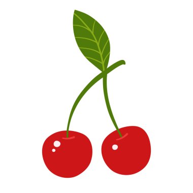 Kiraz çizgi filmi çizimi. Olgun, kırmızı kiraz rengi, soyut, çocuksu el yapımı meyveler. Çocuklar için çocuk stili grafiksel basit moda vektör sanatı, çıkartma, kart, poster, kapak