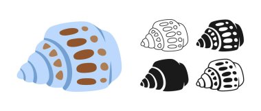 Deniz kabuğu sembolü. Okyanus tasarımları ve kıyı tropikal dekoru için mükemmel dekoratif plaj deniz altı tabelaları. Denizaltı, denizaltı veya akvaryum egzotik deniz kabuğu çizimi