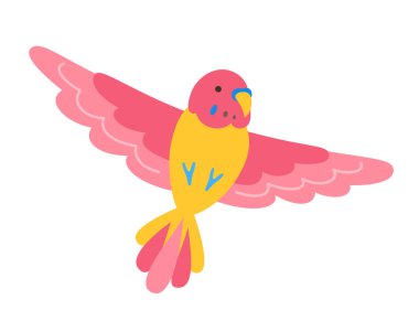 Papağan tropik karikatür çizimi. Çocuklar için egzotik, parlak muhabbet kuşağı pembe papağan modası çocuklar için moda sanat, çıkartma kartı, poster kapağı. Vahşi yaşam cangılı Hawai tatlı kuşu komik canlı vektör karakteri