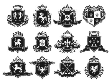 Bir çift kollar, hazır simgeler, logolar. Heraldik oyma ibiği vektörü ayarlandı. Heraldry elementleri. Aslan, kılıç, ok, kurdele, çelenk, taç, zambak çiçeği. Ortaçağ Blazon arması