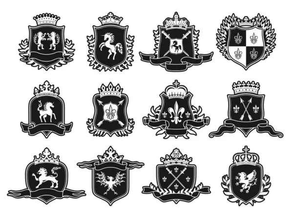 Bir çift kollar, hazır simgeler, logolar. Heraldik oyma ibiği vektörü ayarlandı. Heraldry elementleri. Aslan, kılıç, ok, kurdele, çelenk, taç, zambak çiçeği. Ortaçağ Blazon arması