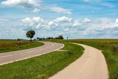 Haziran ayında Güney Bavyera 'da olgunlaşan yeşil çavdar tarlasından geçen bir yol ve bisiklet yolu