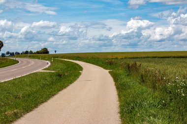 Haziran ayında Güney Bavyera 'da olgunlaşan yeşil çavdar tarlasından geçen bir yol ve bisiklet yolu