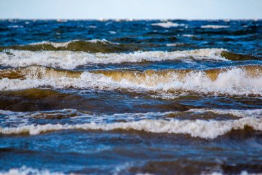 Letonya Rigas Körfezi Jurmala kıyısı dalgaları alçak seviyeden dalgalanan dalgalar 