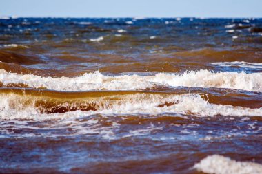 Letonya Rigas Körfezi Jurmala kıyısı dalgaları alçak seviyeden dalgalanan dalgalar 