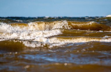 Letonya Rigas Körfezi Jurmala kıyısı dalgaları alçak seviyeden dalgalanan dalgalar 