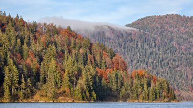 Sylvensteinsee ve Alp eteklerinin sonbahar akşamlarındaki güzel manzarası. Yeşil su ve sarı-kırmızı ağaçlar.