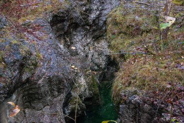 Sonbaharın sonlarında Bavyera Ormanı 'ndaki Walchenklamm vadisinde bir dere ve şelale. Yosun kaplı kayalar ve yapraksız ağaçlar. gizemli ve gizemli..