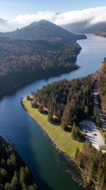 Isar River Sylvensteinsee Alpine foothills mountains in autumn Aerial View clipart