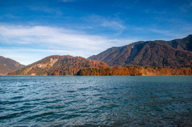 Bir sonbahar akşamında Alplerin eteklerinin güzel manzarası. Su ve sarı-kırmızı ağaçlar