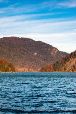 Bir sonbahar akşamında Alplerin eteklerinin güzel manzarası. Su ve sarı-kırmızı ağaçlar