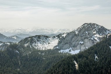 Sabah sisinde ufukta, Wallberg Dağları 'ndan Alp eteklerinin manzarası var. Ufuktaki dağ silsilesi sabah sisinde.