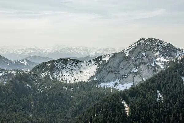 Sabah sisinde ufukta, Wallberg Dağları 'ndan Alp eteklerinin manzarası var. Ufuktaki dağ silsilesi sabah sisinde.
