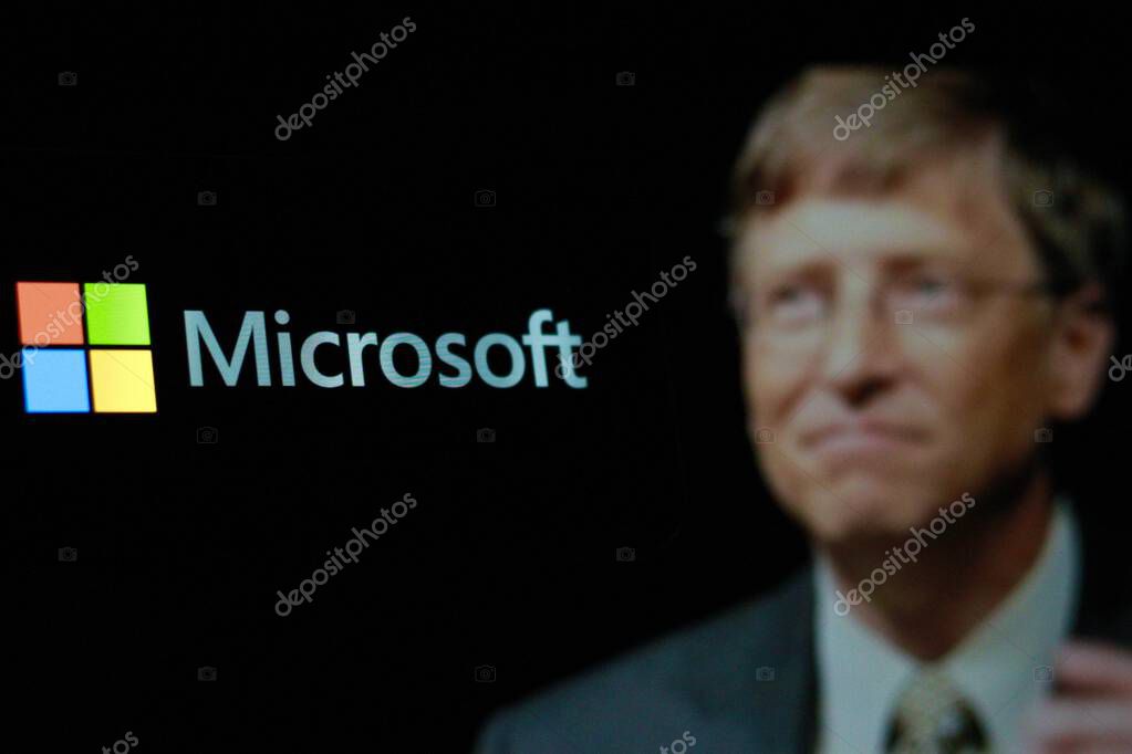 Indonesia-March 10th 2024: in this photo The Microsoft logo with CEO Bill Gates in the background,technology company.