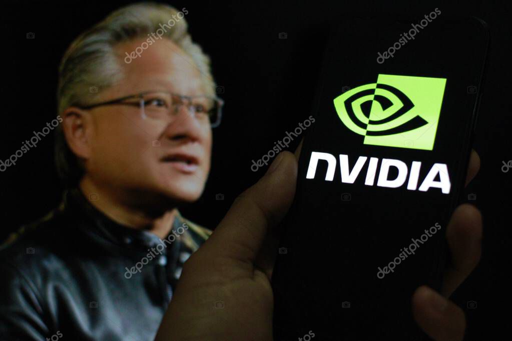 Indonesia - March 10th 2024: nVIDIA logo with CEO Jensen Huang in the background, technology company.