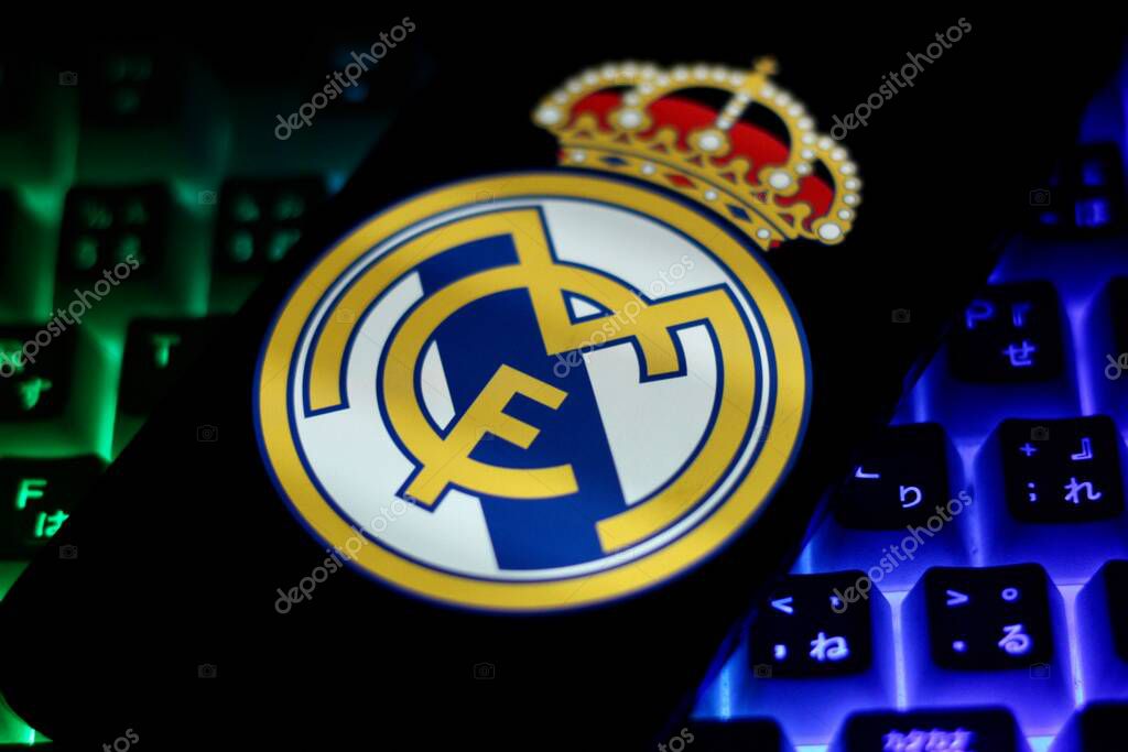 Indonesia - March 30th 2024:Logo of the Spanish football team Real Madrid displayed on smartphone screen.