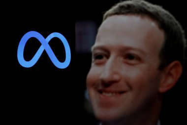 Endonezya - 2 Nisan 2024: Meta logosu arka planda CEO Mark Zuckerberg ile akıllı telefon ekranında gösteriliyor.