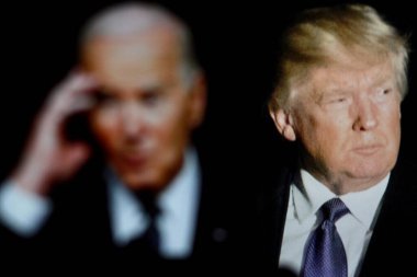 Endonezya - 9 Nisan 2024: Cumhuriyetçi aday Donald Trump ve Demokrat aday Joe Biden 