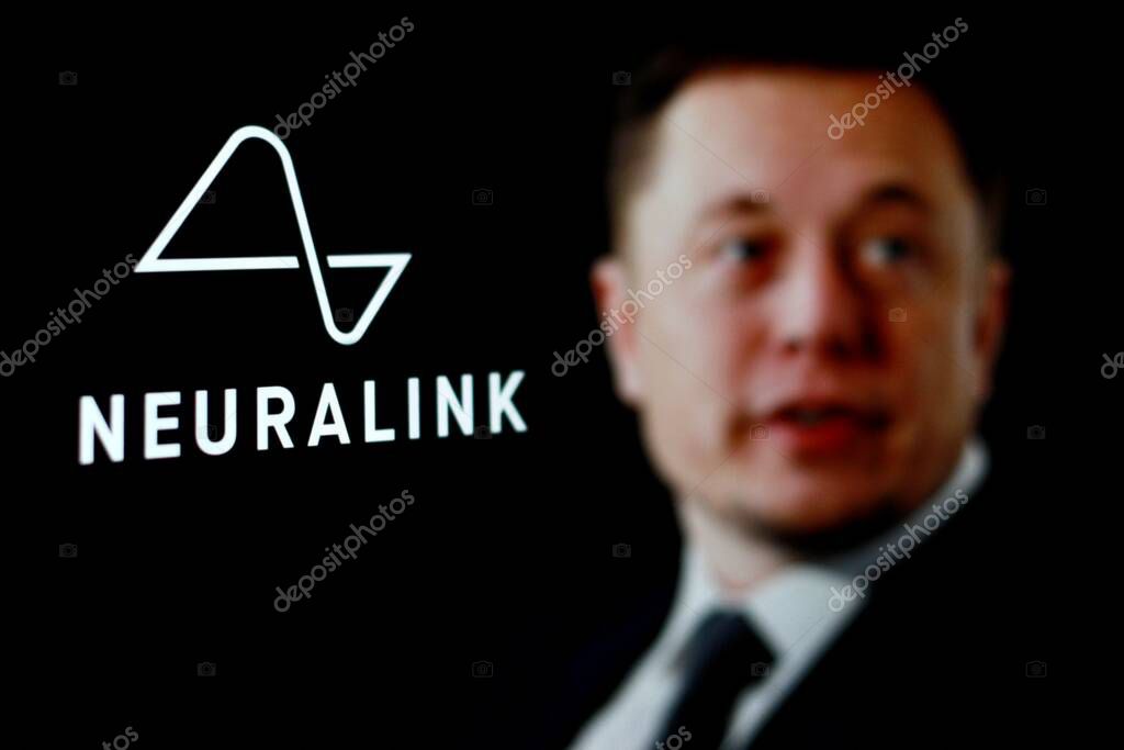 Indonesia-april 26th 2024: The logo of Neuralink Corp, Neurotechnology company with CEO Elon Musk in the background.