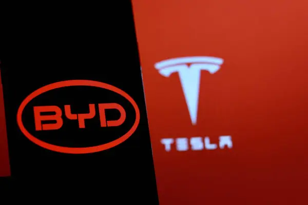 Arka planda tesla logosu olan BYD şirketinin logosu. Endonezya - 29 Nisan 2024.
