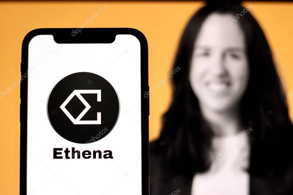 In this photo illustration, the Ethena cryptocurrency logo is displayed on a smartphone with CEO Roxanne Petraeus in the background.Indonesia - May 22th 2024.