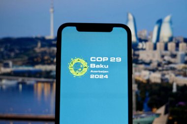 Birleşmiş Milletler İklim Değişikliği Konferansı COP29 Bakü, Azerbaycan logosu. Etkinlik 11-24 Kasım 2024 tarihlerinde Azerbaycan 'ın Bakü kentinde - 13 Haziran 2024.