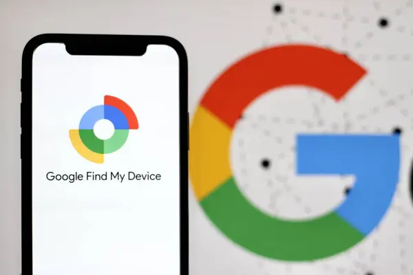 stock image Google Find My Device logo is displayed on a smartphone screen.indonesia - June 13th 2024.