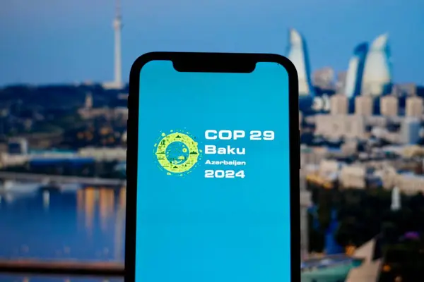 Birleşmiş Milletler İklim Değişikliği Konferansı COP29 Bakü, Azerbaycan logosu. Etkinlik 11-24 Kasım 2024 tarihlerinde Azerbaycan 'ın Bakü kentinde - 13 Haziran 2024.