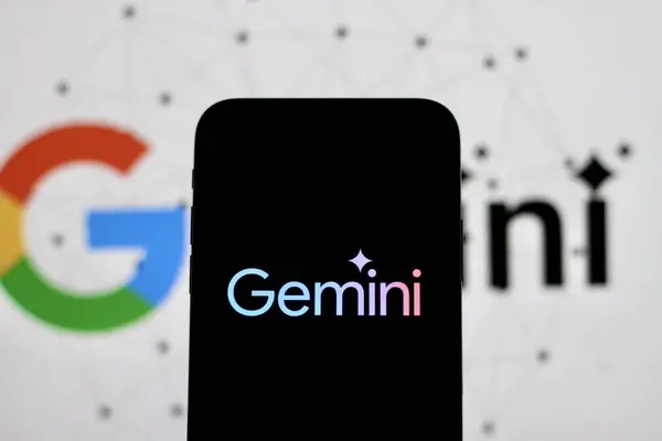 stock image Google Gemini AI logo with Google background. The tool was launched by Google as its new multimodal artificial intelligence (AI) model and developed by Google DeepMind.indonesia - June 13th 2024.