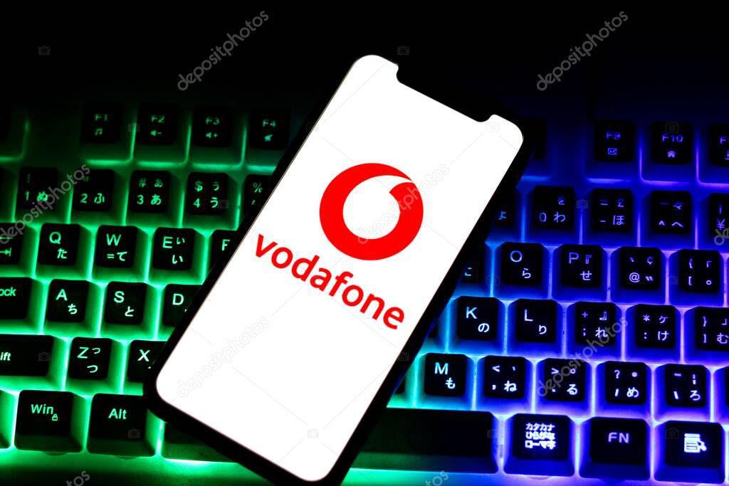 Logo of Vodafone, is displayed on a smartphone.indonesia - June 14th 2024.