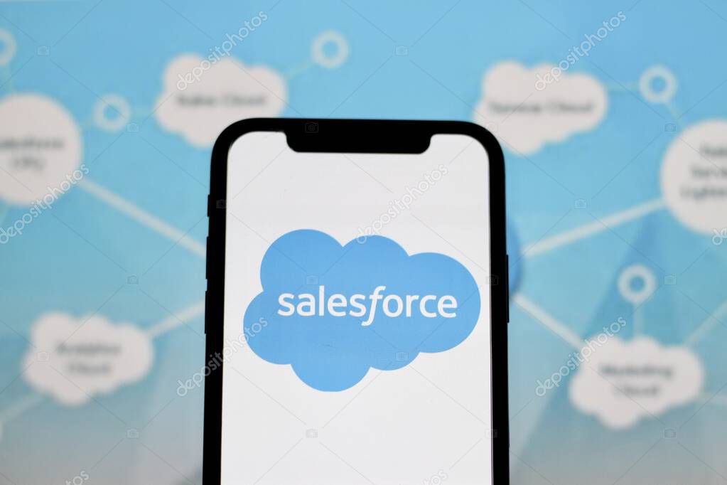 In this photo illustration,The logo of Salesforce, is displayed on smartphone.indonesia - June 16th 2024.