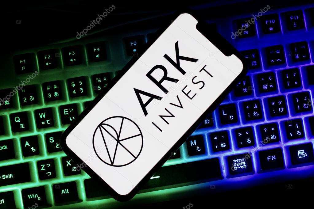 In this photo illustration,The logo of ARK Invest,is displayed on a smartphone.indonesia - June 16th 2024.