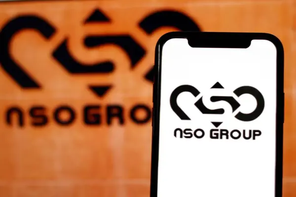 stock image In this photo illustration,the logo of NSO Group,is displayed on a smartphone.indonesia - June 27th 2024.