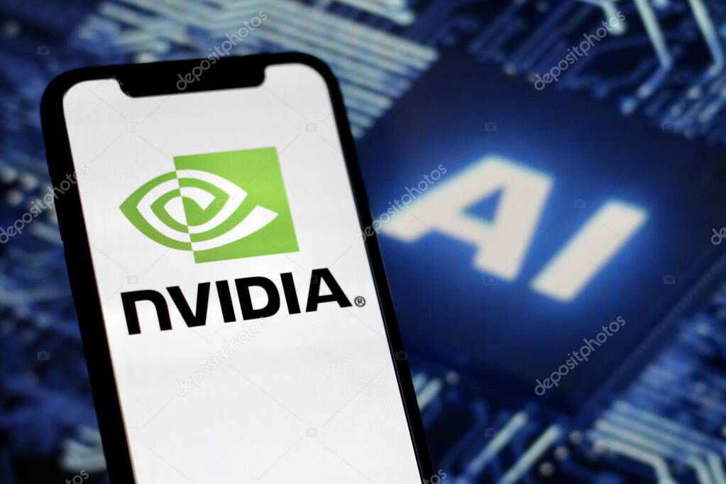 In this photo illustration,the logo of nVIDIA,is displayed on a smartphone with stock market declines in the background.indonesia - June 23th 2024.