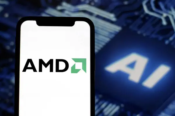 stock image In this Photo The AMD logo is displayed on smartphone screen.Indonesia-March 30th 2024.