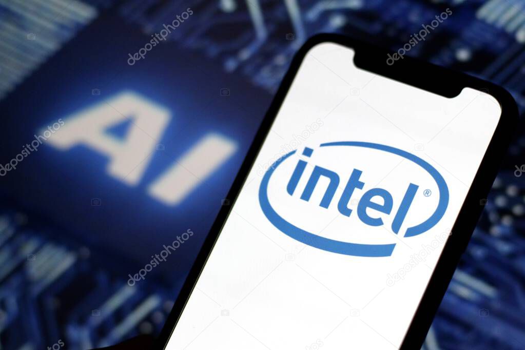 In this photo illustration,the logo of Intel,is displayed on a smartphone with stock market declines in the background.indonesia - June 23th 2024.