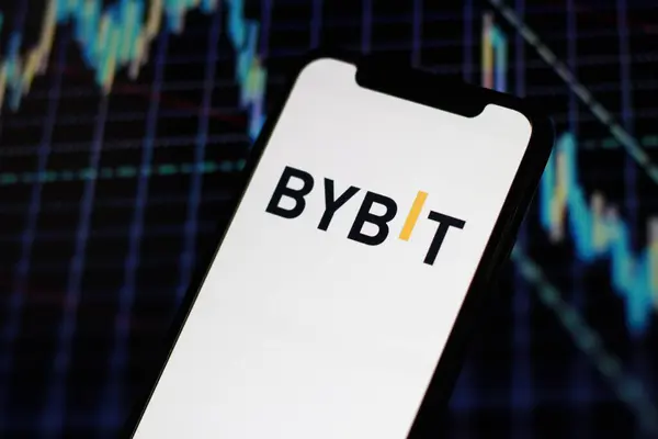 stock image close up view of modern smartphone screen with BYBIT logo