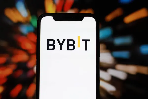 stock image close up view of modern smartphone screen with BYBIT logo