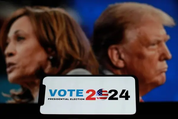 stock image Indonesia-july 25th 2024.In this Photo The 2024 American presidential election concept,with Donald Trump and Kamala Harris in the background. Donald Trump vs Kamala Harris.