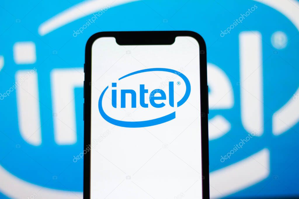 Logo of Intel is displayed on a smartphone screen