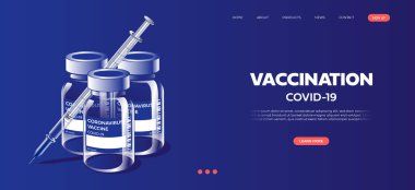 COVID-19 için ilaç içeren şişe ve şişe, poster ya da web sitesi iniş sayfası aşılama zamanı, Vector