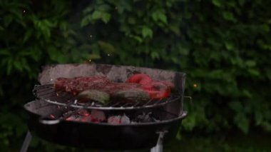 Sebzeler ve açık havada ızgara yapılan kalın biftek. Yüksek kaliteli FullHD görüntüler