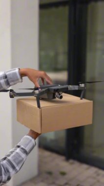 Hızlı ve güvenli teslimat. İnsansız hava aracı, bir kıza hediyesini iletir. Teslimat olmadan. Yüksek kaliteli FullHD görüntüler