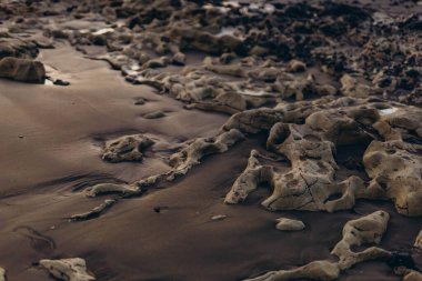 Tenerife 'deki okyanus dalgalarında gün doğumu ışığı parlıyor. Yüksek kalite fotoğraf