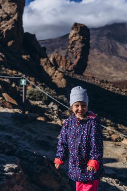 Kaya oluşumu ve Teide Dağı arkasında, Tenerife Adası, İspanya. Tenerife 'de Pico del Teide Dağı, mavi gökyüzü ile güneşli bir günde. Yüksek kalite fotoğraf