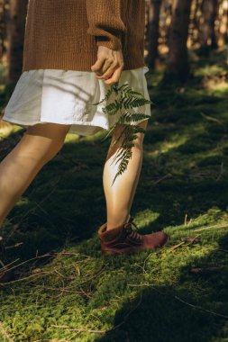 Genç bir kadın elinde eğrelti otuyla yeşil yosunlarla güzel bir ormanda yürüyor. Yüksek kalite fotoğraf