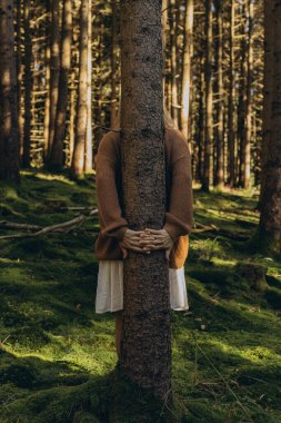 Ormanda bir ağacı kucaklayan kadın. Doğa sever, küresel ısınmayla savaşır. Yüksek kalite fotoğraf