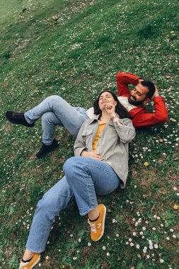 İki insan, kadın ve erkek yazın çimenlikte küçük kır çiçekleriyle birlikte dinleniyor, dışarıda huzurlu bir anın tadını çıkarıyorlar. Günlük giysiler ve doğal çevre sakin ve otantik bir ortam yaratıyor. Yüksek kalite fotoğraf